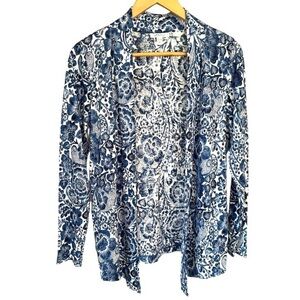 Chico's knit cardigan Blue and White Floral lightweight 100% linen open front